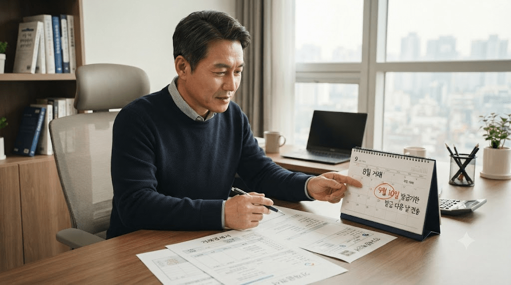 책상에 펼친 서류를 검토하는 남성