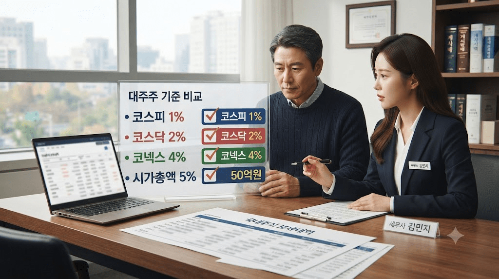 상담 창구에서 서류를 함께 검토하는 두 사람