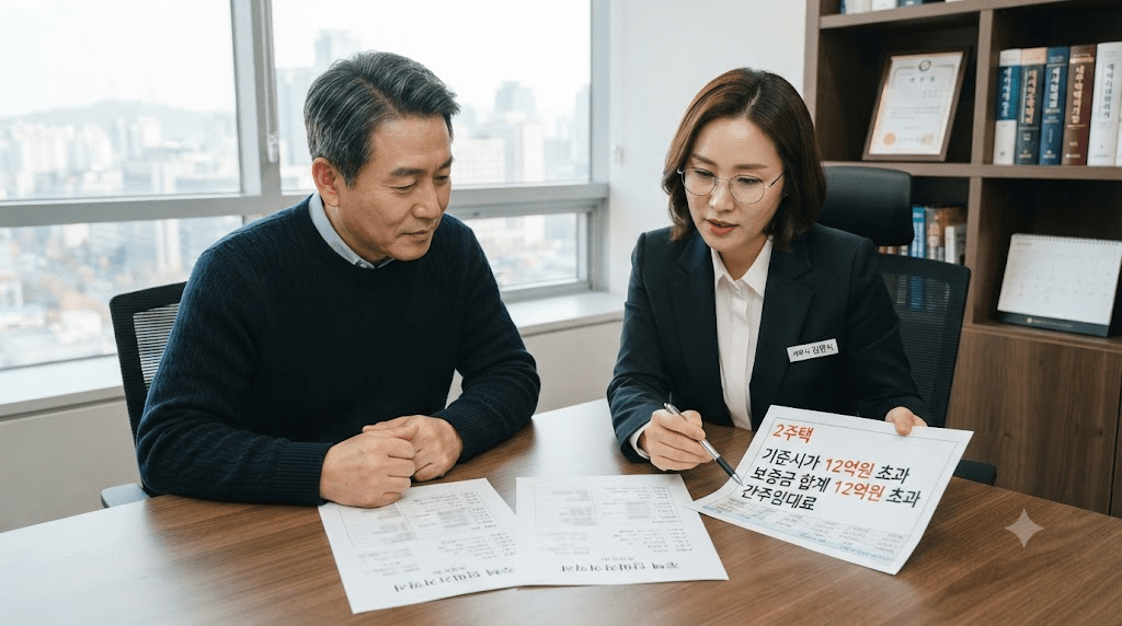 상담 창구에서 서류를 함께 검토하는 두 사람
