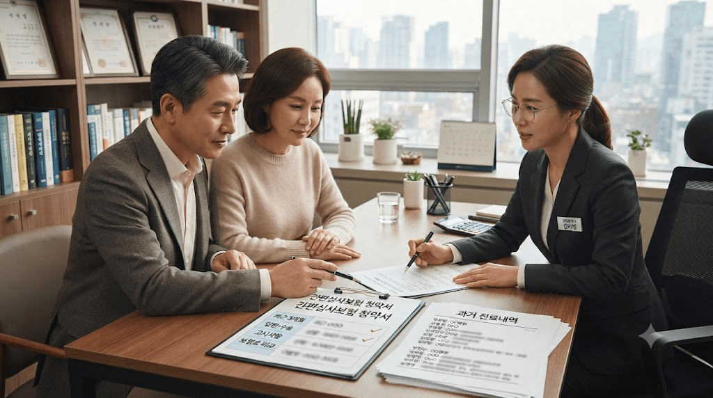 상담사와 신청 서류를 확인하는 부부