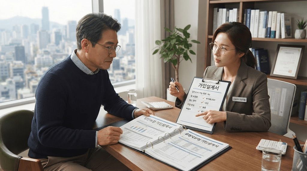 상담 창구에서 서류를 함께 검토하는 두 사람