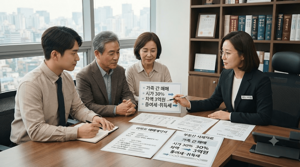 가족과 함께 창구에서 상담하는 사람들