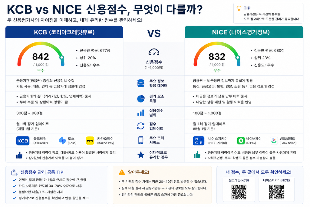 KCB 및 NICE 신용점수 비교표 인포그래픽