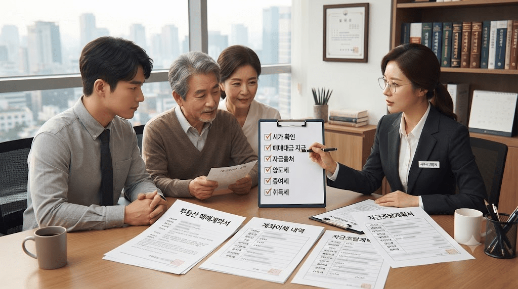 가족과 함께 창구에서 상담하는 사람들