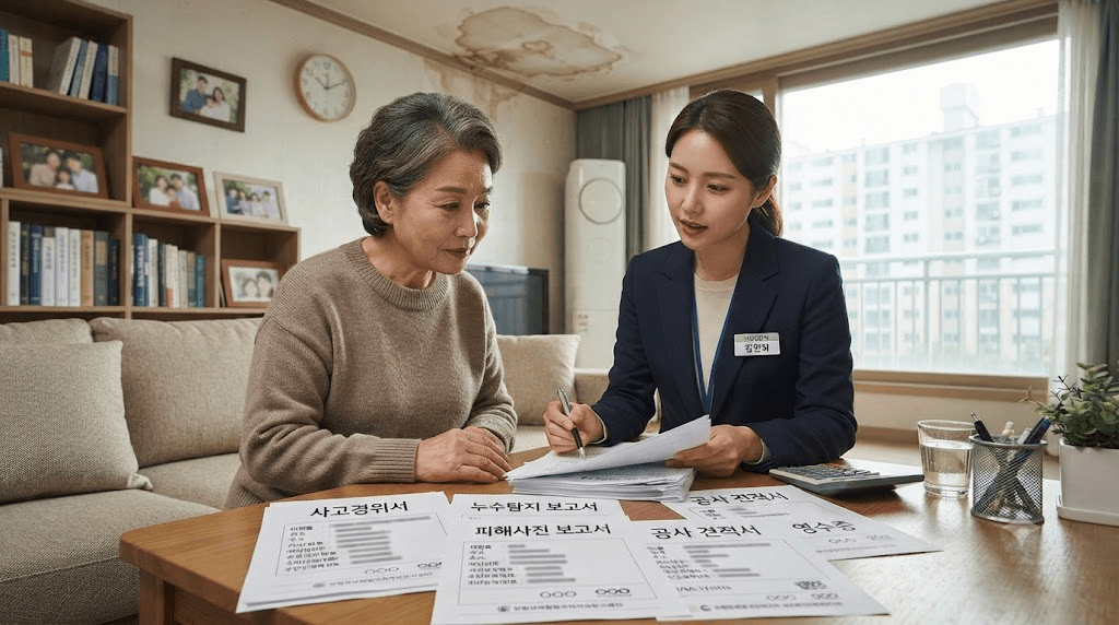 상담 창구에서 서류를 함께 검토하는 두 사람