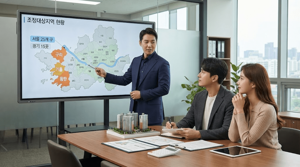 지역 지도를 설명하는 발표자와 참석자들