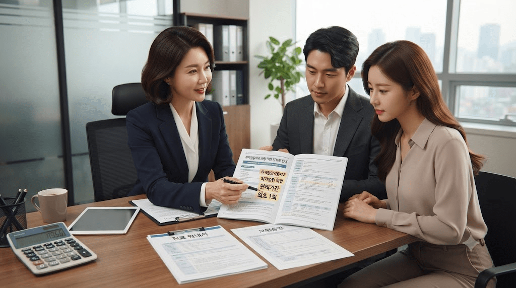 상담사와 신청 서류를 확인하는 부부