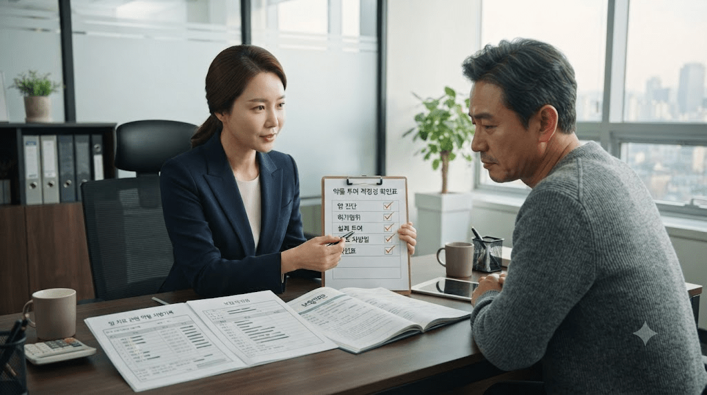 상담 창구에서 서류를 함께 검토하는 두 사람