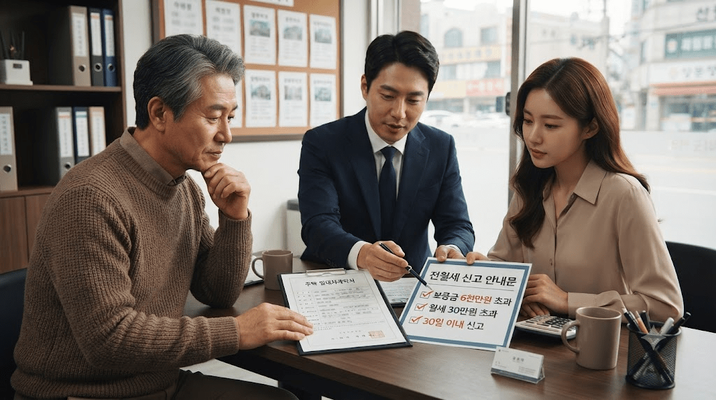 상담사와 신청 서류를 확인하는 부부