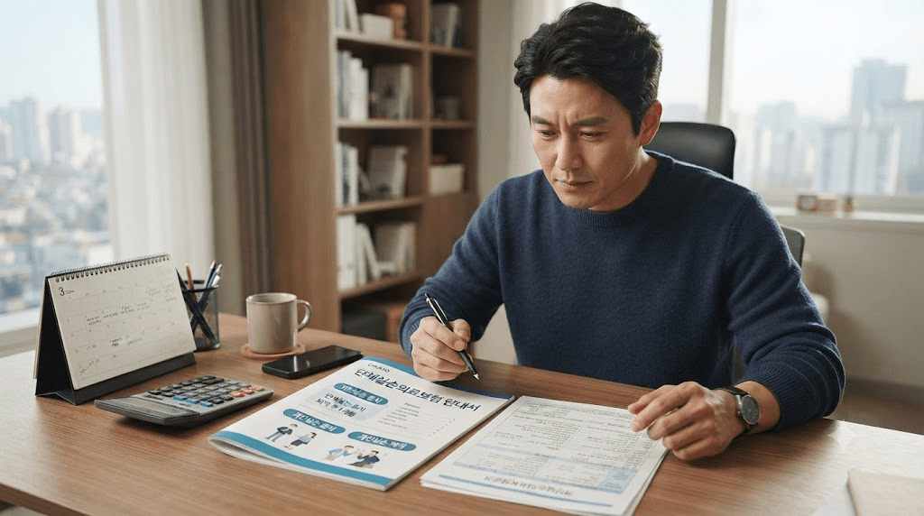 책상에 펼친 서류를 검토하는 남성