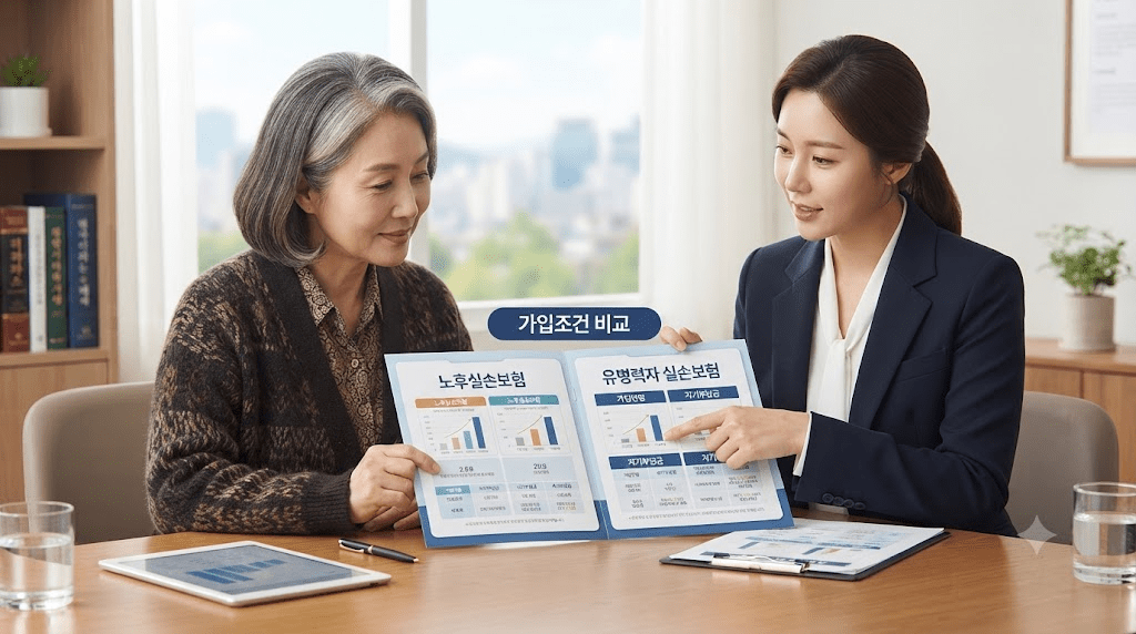 상담 창구에서 서류를 함께 검토하는 두 사람