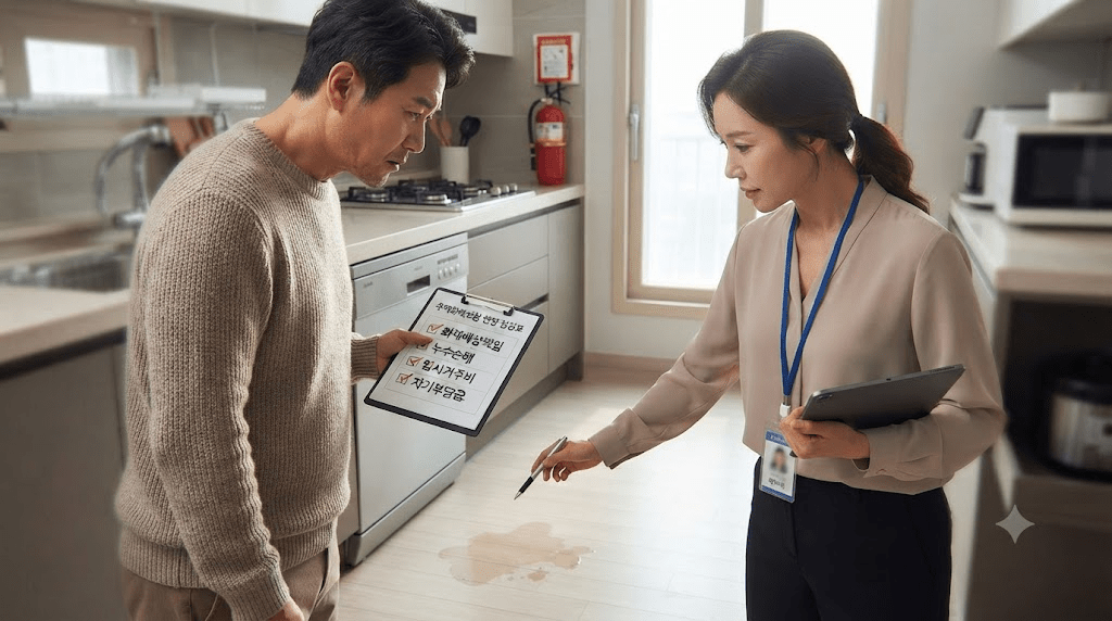 실내에서 주택 관련 서류를 확인하는 두 사람