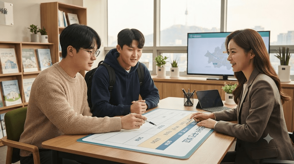 주택 모형과 자료를 보며 상담하는 세 사람