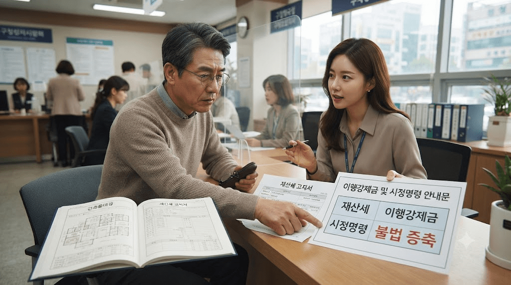 상담 창구에서 서류를 함께 검토하는 두 사람