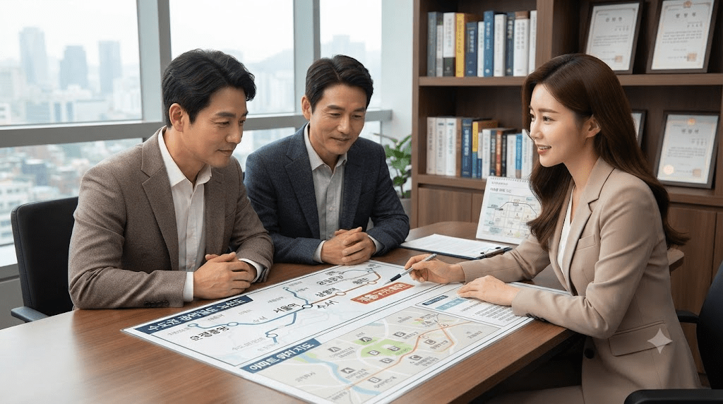 회의 자리에서 자료를 검토하는 사람들