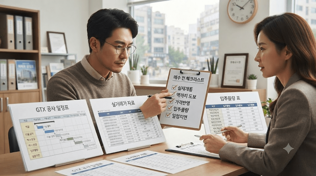 상담 창구에서 서류를 함께 검토하는 두 사람