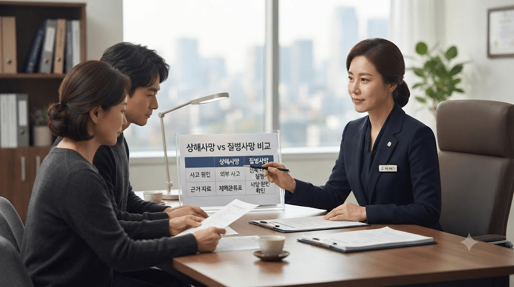 상담 창구에서 서류를 함께 검토하는 두 사람