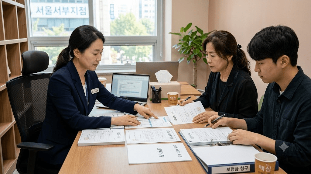 가족과 함께 창구에서 상담하는 사람들