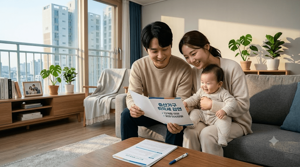 아기를 안고 안내 자료를 확인하는 가족
