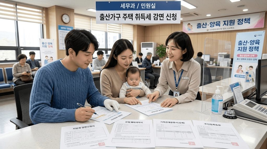 아기를 안고 상담 창구에서 상담하는 가족