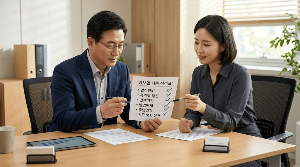 탁자에 펼친 서류를 함께 확인하는 두 사람