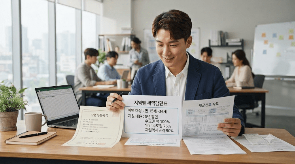 안내 자료를 들고 컴퓨터 앞에 앉은 남성
