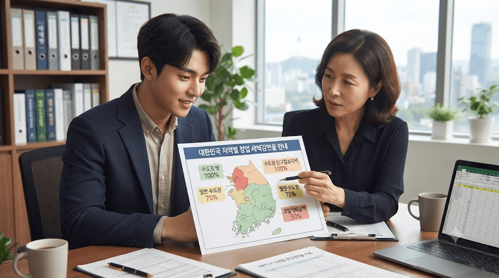 상담 창구에서 서류를 함께 검토하는 두 사람