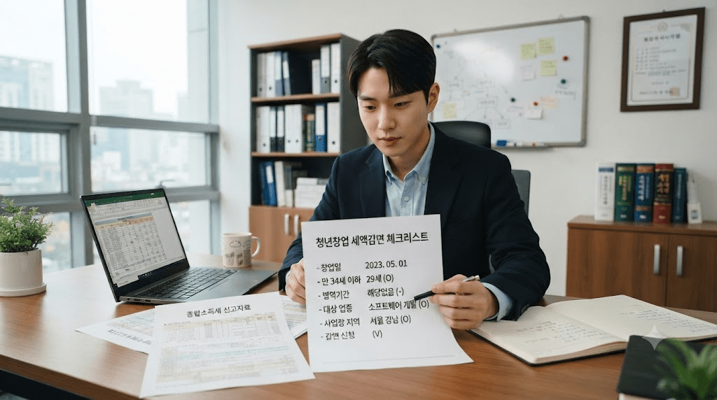책상에 펼친 서류를 검토하는 남성
