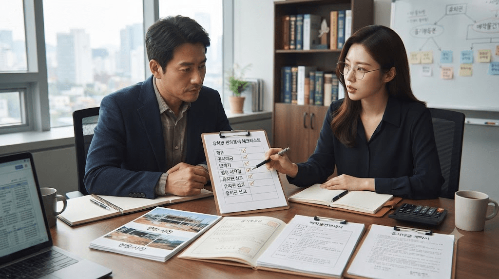 상담 창구에서 서류를 함께 검토하는 두 사람