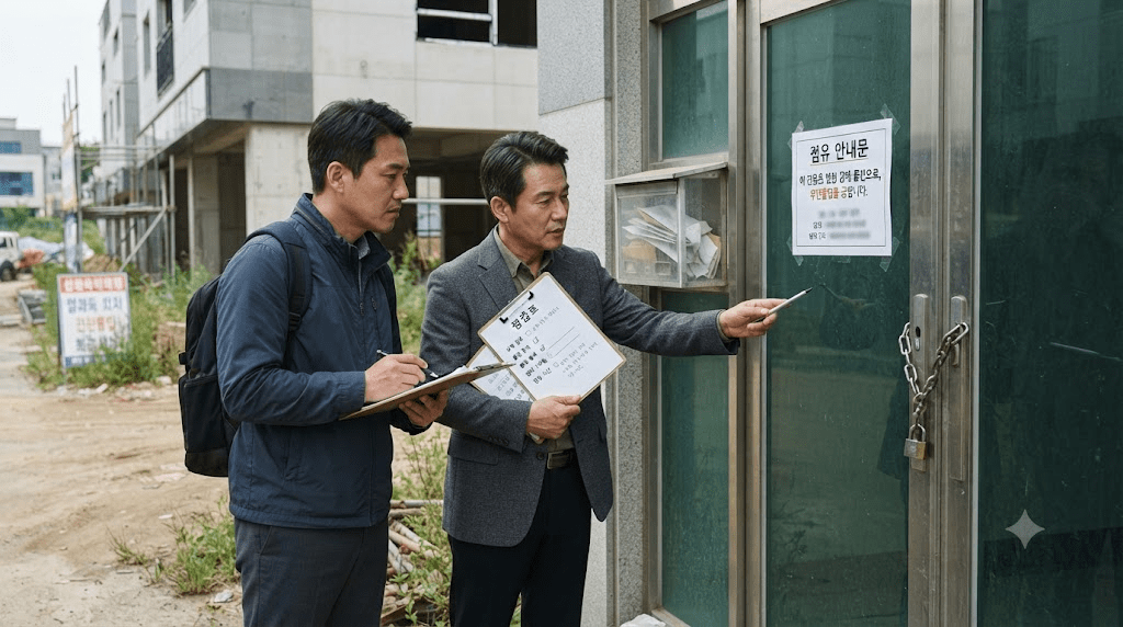 건물 외부 계량기를 확인하는 두 남성