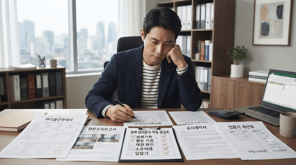 신청서를 보며 머리를 짚는 남성