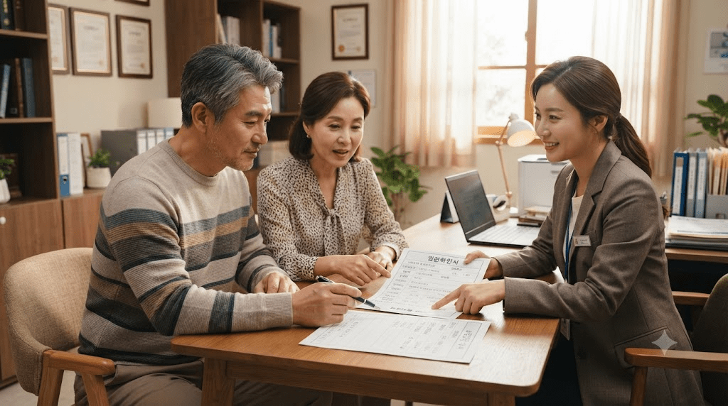 상담사와 신청 서류를 확인하는 부부