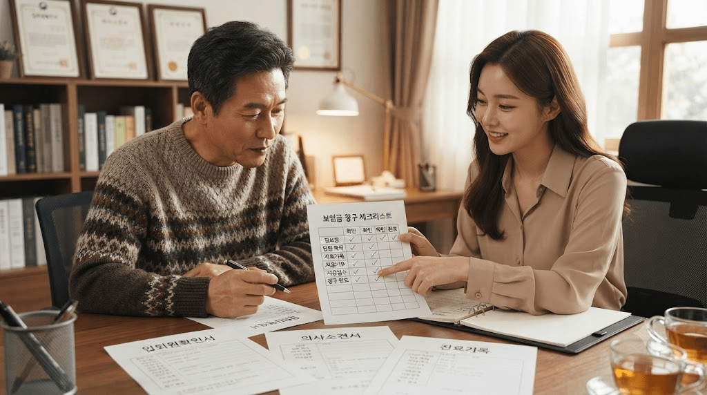 상담 창구에서 서류를 함께 검토하는 두 사람