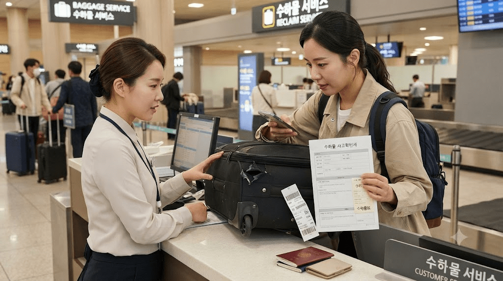 공항 창구에서 서류를 확인하는 두 여성