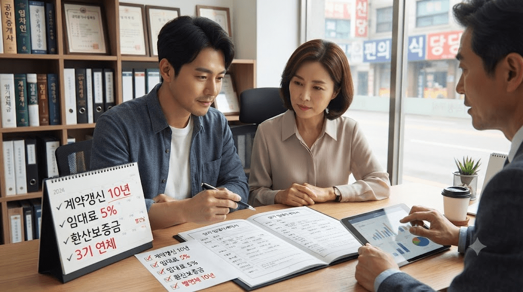 상담 창구에서 서류를 함께 검토하는 두 사람