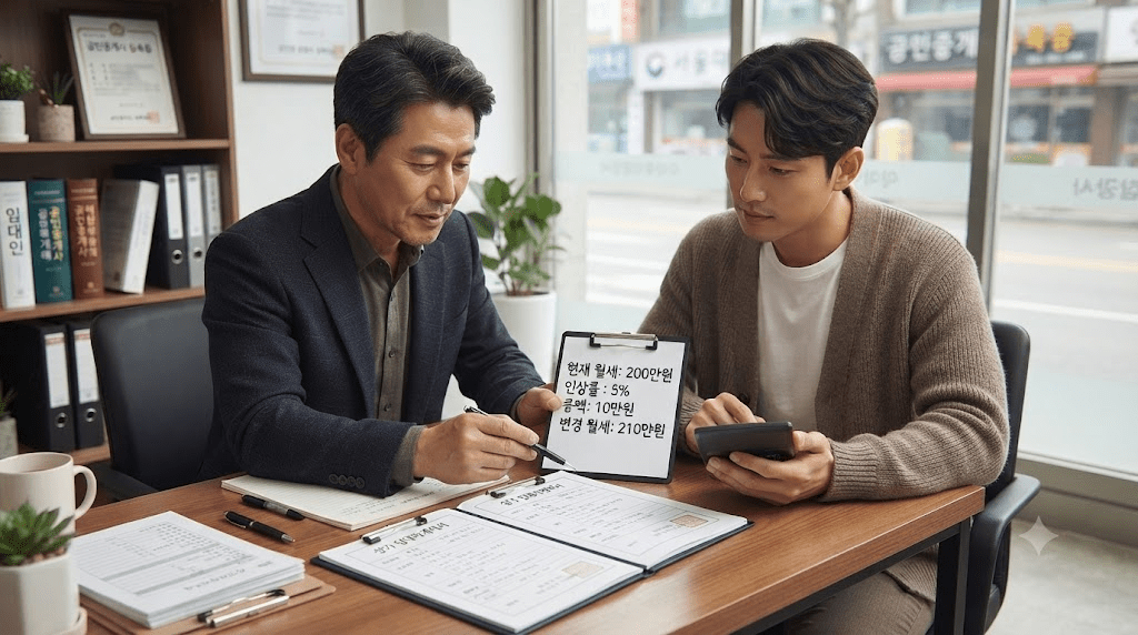 안내 자료를 함께 확인하는 두 남성