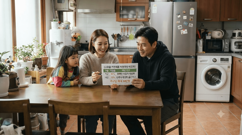 세탁소에서 안내 자료를 확인하는 가족
