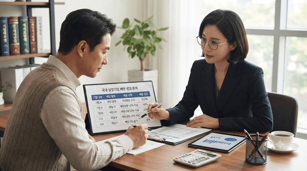 상담 창구에서 서류를 함께 검토하는 두 사람