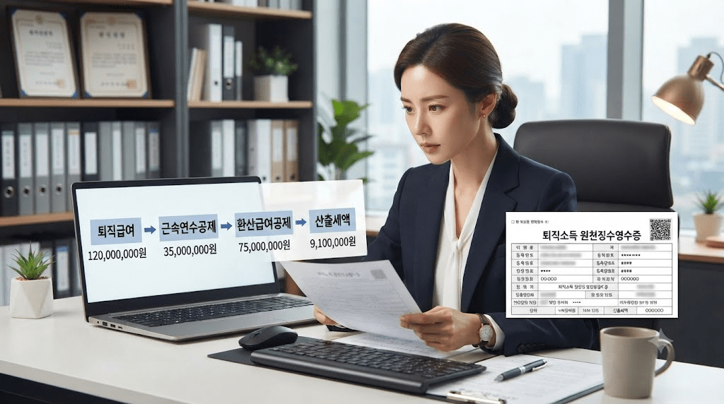 책상에 펼친 서류를 검토하는 여성