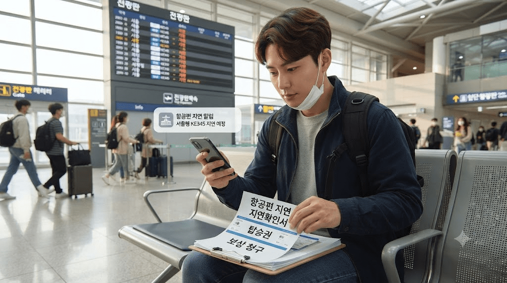 역에서 휴대전화와 안내문을 확인하는 남성