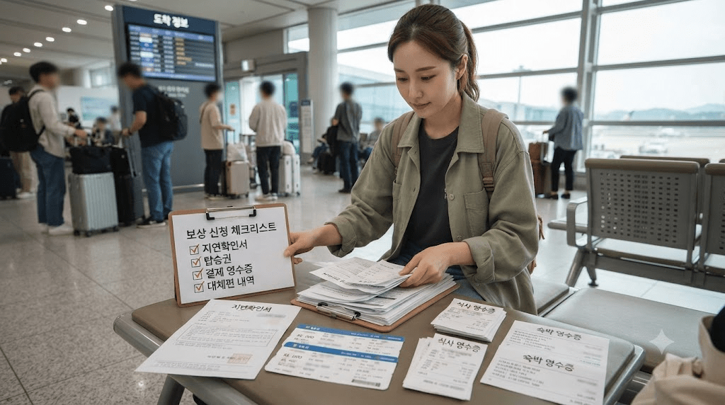 역에서 안내 자료를 확인하는 여성