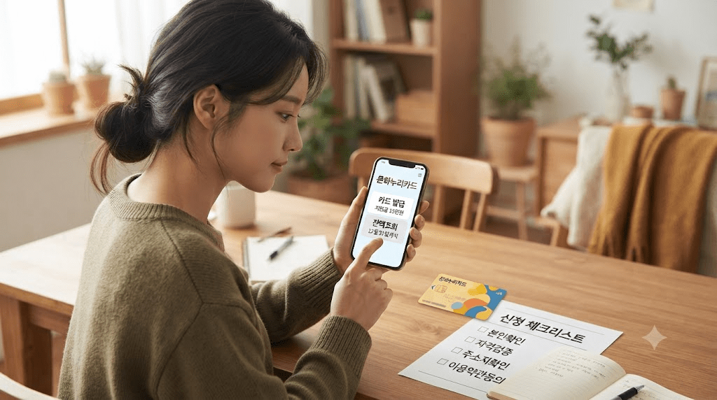 휴대전화 화면을 확인하는 여성