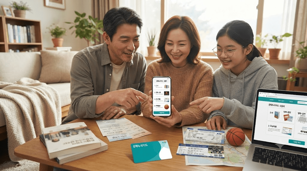 스마트폰과 안내 자료를 함께 확인하는 가족