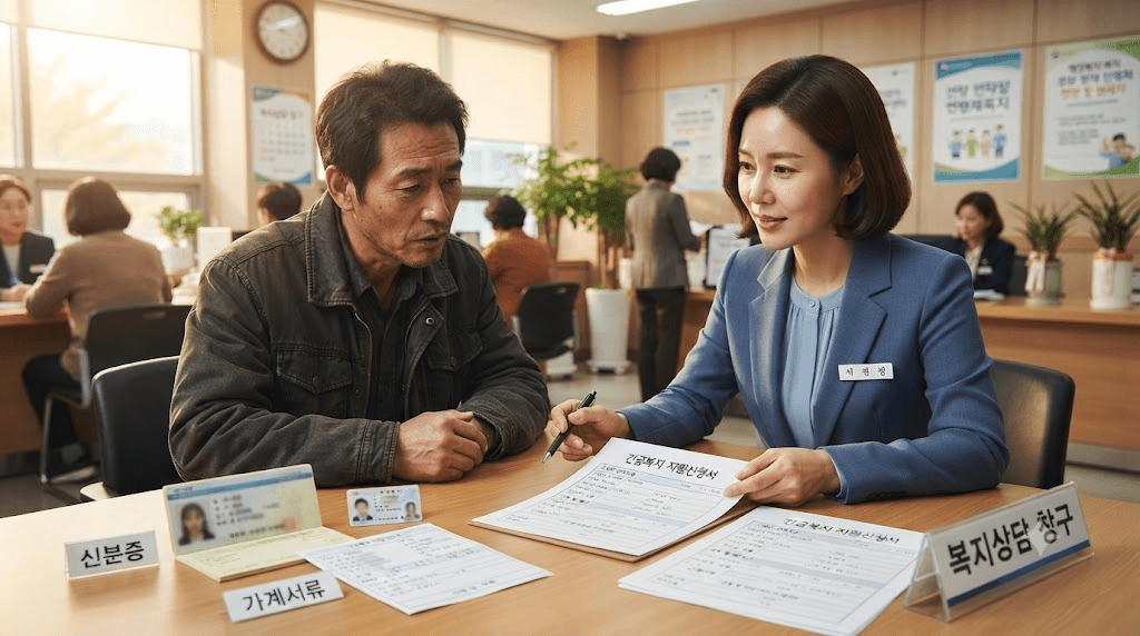 상담 창구에서 서류를 함께 검토하는 두 사람