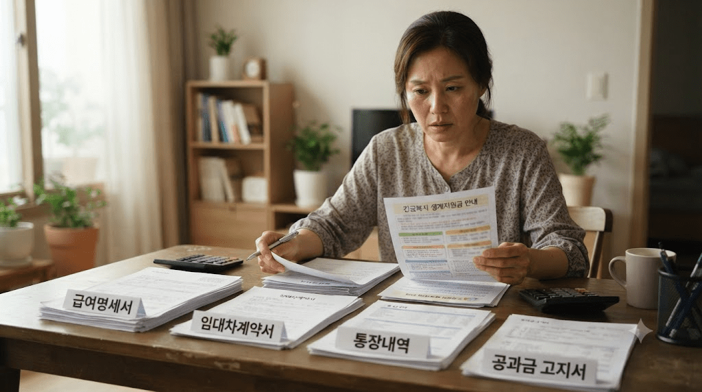 책상에 펼친 서류를 검토하는 여성