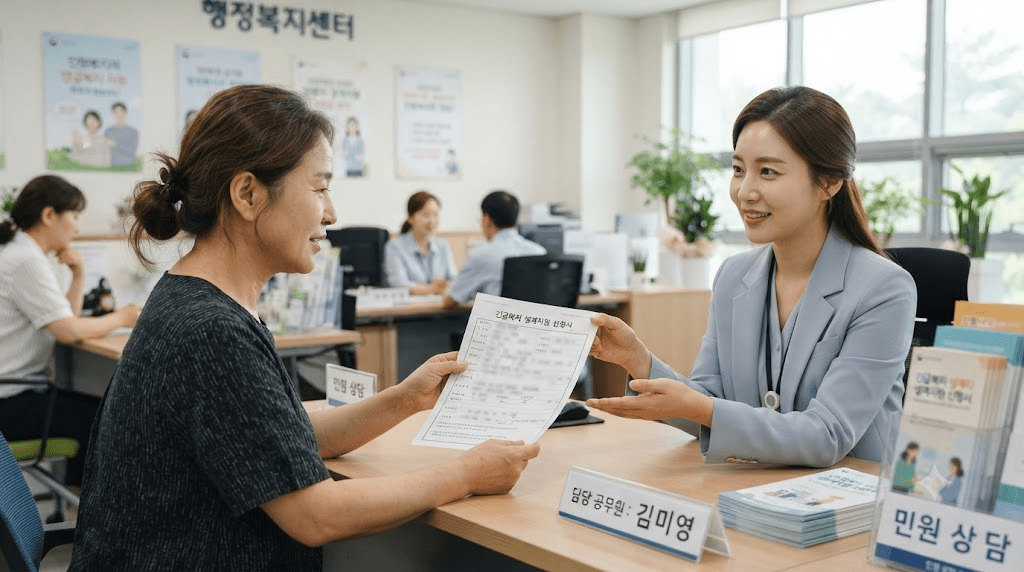 상담 창구에서 서류를 함께 검토하는 두 사람