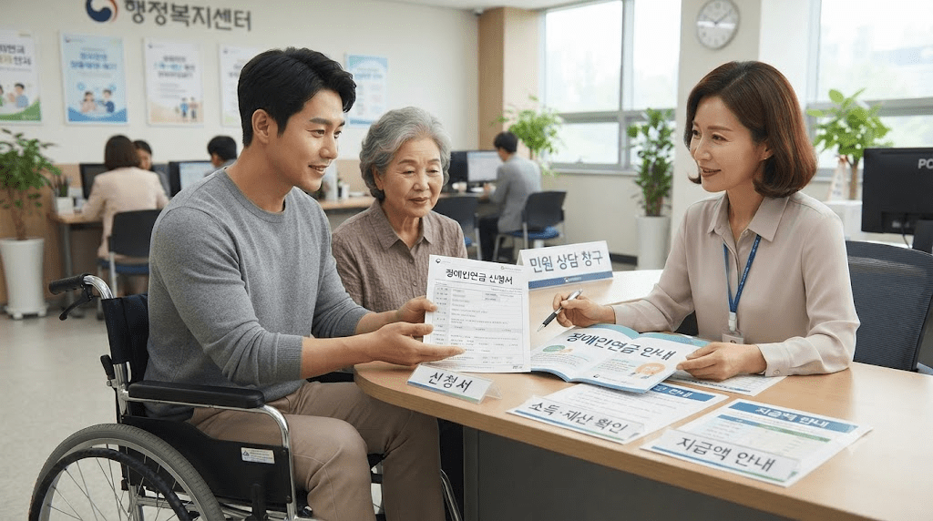 가족과 함께 창구에서 상담하는 사람들