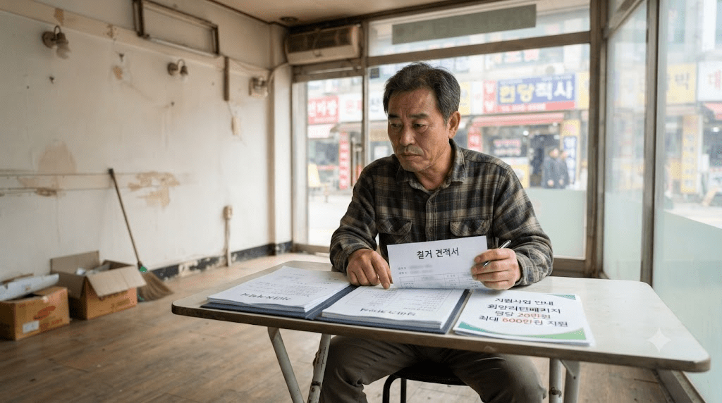 오래된 가게에서 안내 자료를 확인하는 남성