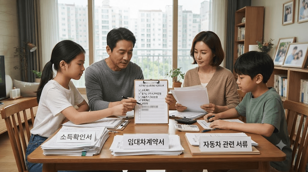 탁자에서 신청 서류를 함께 확인하는 가족