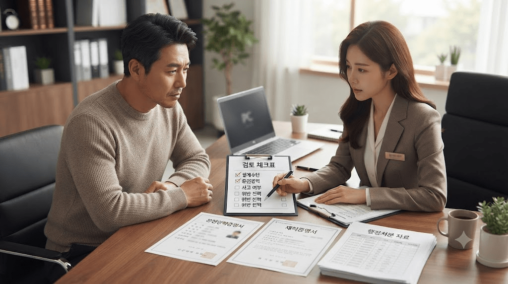 상담 창구에서 서류를 함께 검토하는 두 사람